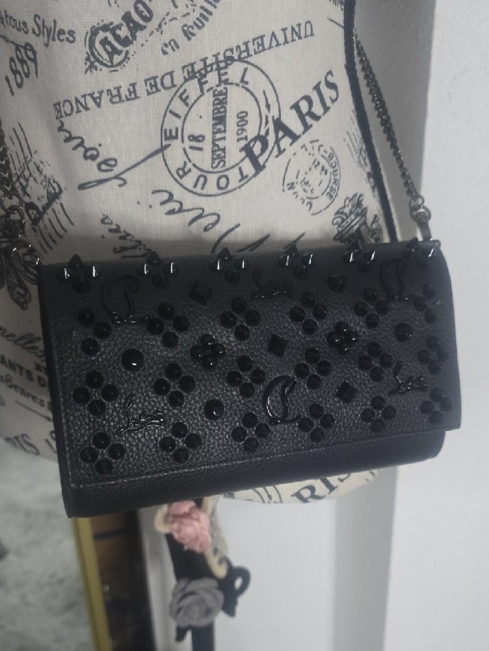 Christian Louboutin Palmona Black On Black W Gunmetal Chain/Red Interior(GOOD)🖤 - Picture 4 of 16